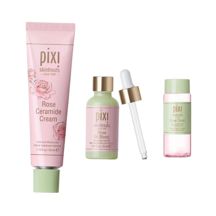 Pixi Rose Skintreats set with Rose Ceramide Cream 50ml, Rose Oil Blend 30ml dropper, Rose Tonic bottle