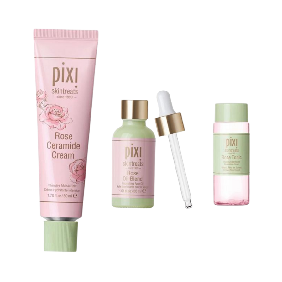 Pixi Rose Skintreats set with Rose Ceramide Cream 50ml, Rose Oil Blend 30ml dropper, Rose Tonic bottle