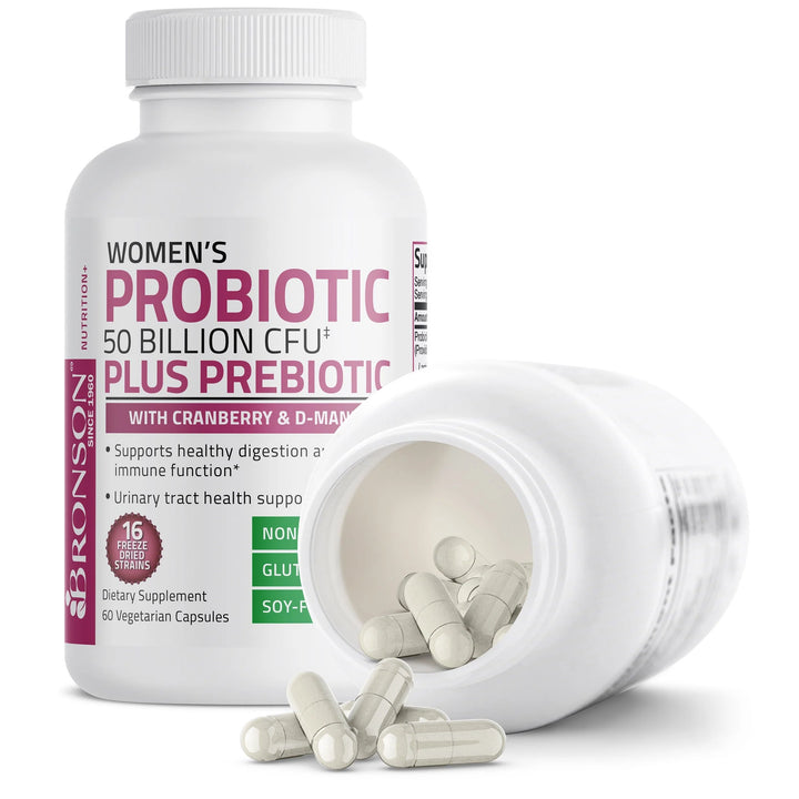 BRONSON Women's Probiotic 50 Billion CFU plus Prebiotic - 60 Vegetarian Capsules| برونسون بروبيوتيك للنساء 50 مليار وحدة مع بريبايوتيك - 60 كبسولة نباتية