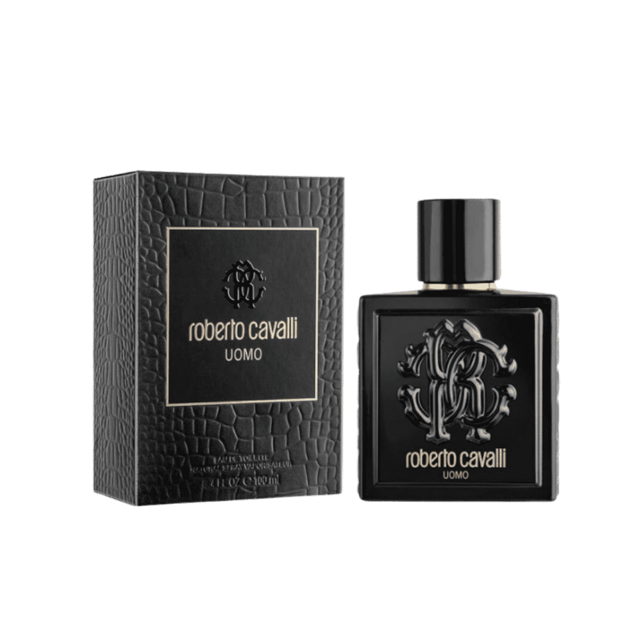 Roberto Cavalli Uomo Eau de Toilette, 100ml, black square bottle with embossed logo and textured box.