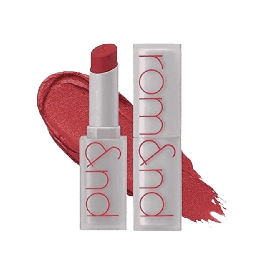 Rom&nd lipstick, white rectangular tube with red text branding, deep red lipstick shown, swatch behind tube, 1080x1080px