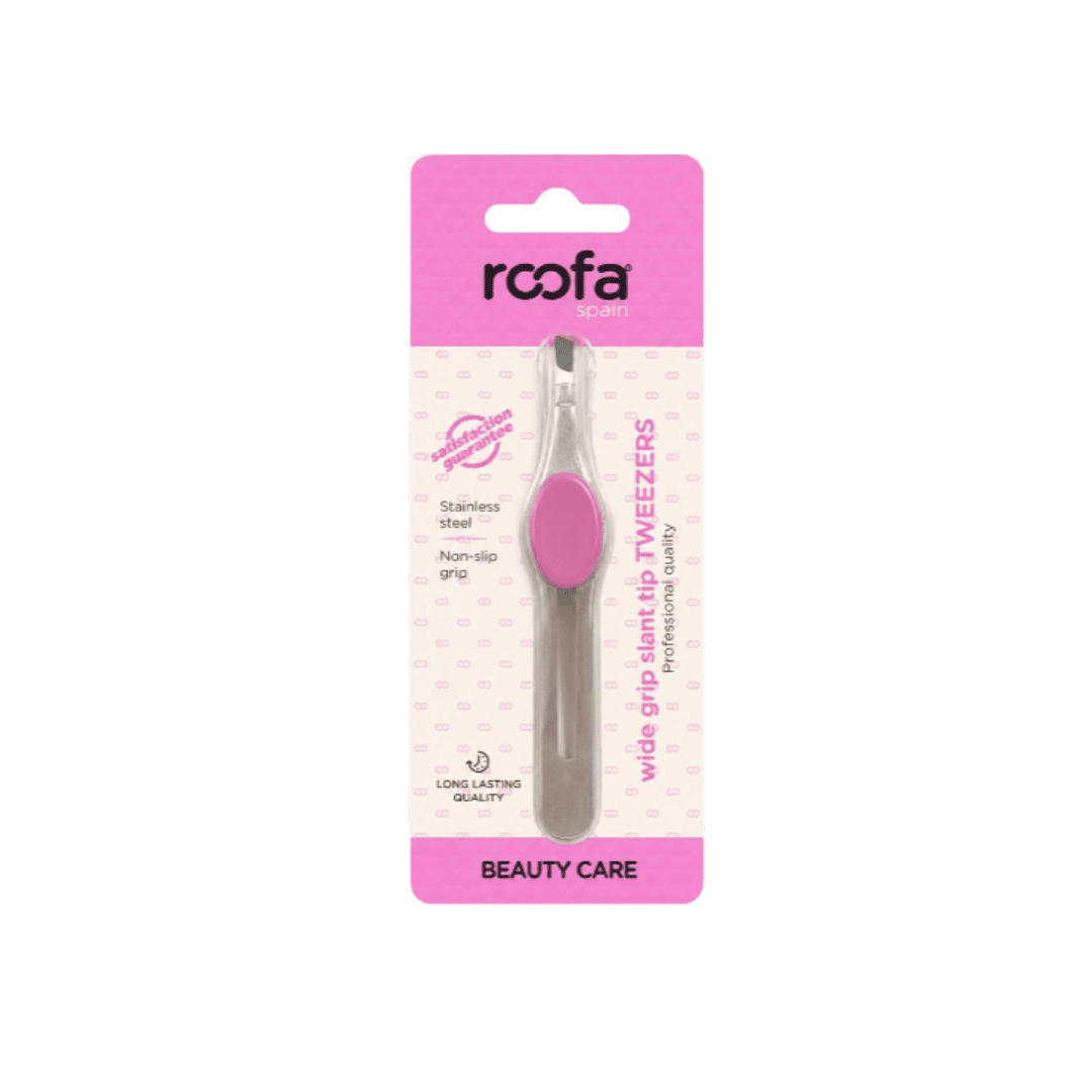 Roofa Spain wide grip slant tip tweezers in pink blister packaging for beauty care