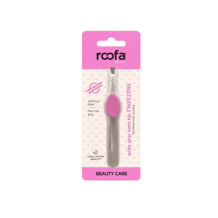 Roofa Spain wide grip slant tip tweezers in pink blister packaging for beauty care