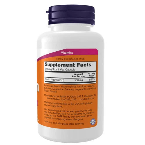 now Niacin 500mg Vitamin B3 - 100 Veg Capsules | ناو نياكين فيتامين B3 بتركيز 500 ملغ - 100 كبسولة نباتية