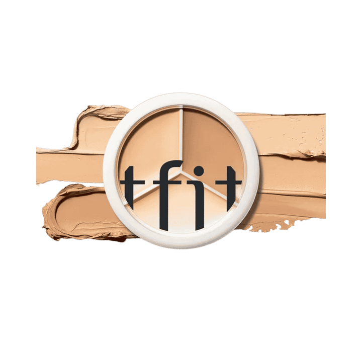 Tfit Buildable Fit Concealer Palette, round white case with three beige concealer shades, text branding, swatches behind, 640x640px 