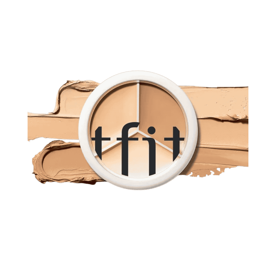 Tfit Buildable Fit Concealer Palette, round white case with three beige concealer shades, text branding, swatches behind, 640x640px 