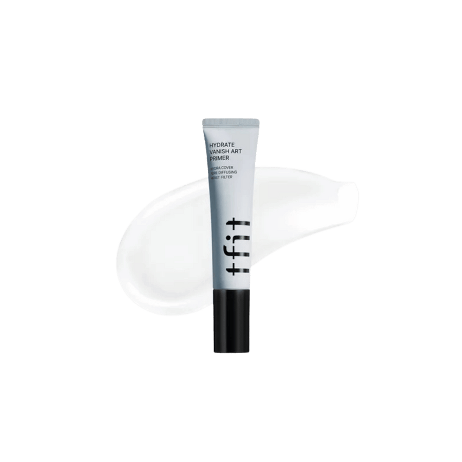 Tfit Hydrate Vanish Art Primer, white tube with black cap, printed text branding, swatch of primer behind tube, 1080x1080px 