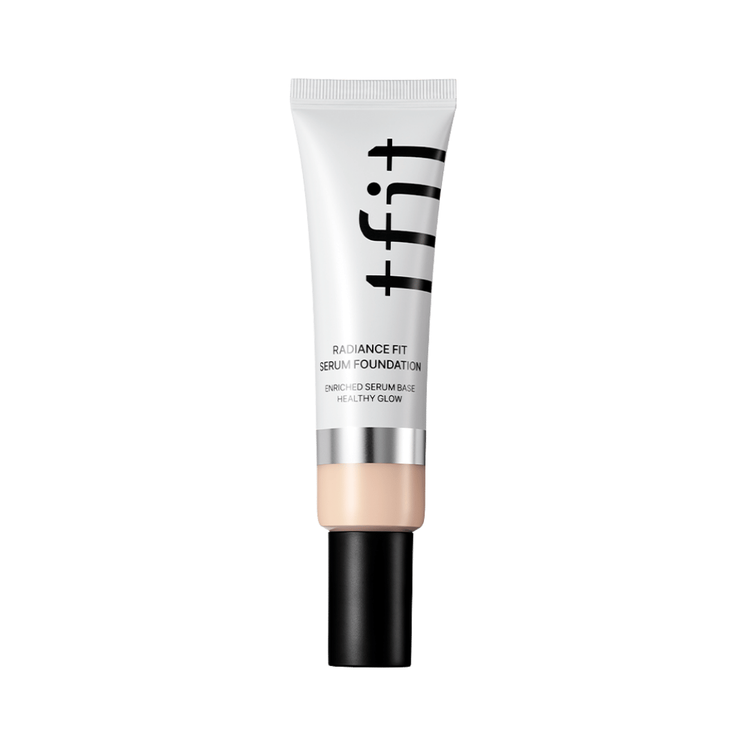 TFIT Radiance Fit Serum Foundation tube with black cap and beige shade visible packaging design.
