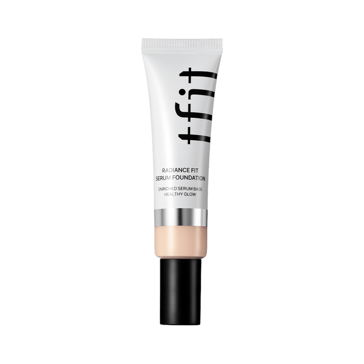 TFIT Radiance Fit Serum Foundation tube with black cap and beige shade visible packaging design.