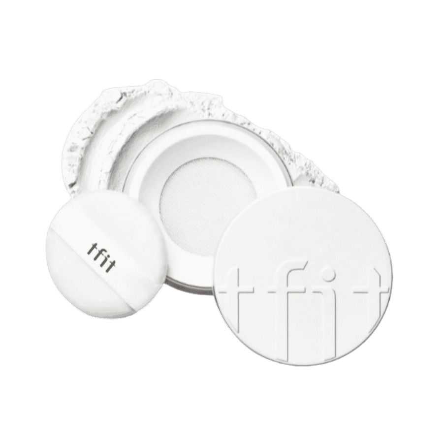 TFIT Translucent Set Finishing Powder 7g, loose talc-free setting powder with black round compact packaging.