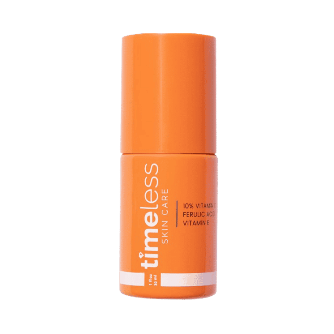 Timeless Skin Care serum, orange cylindrical bottle with white text branding, 10% Vitamin C, Ferulic Acid, Vitamin E, 603x635px 