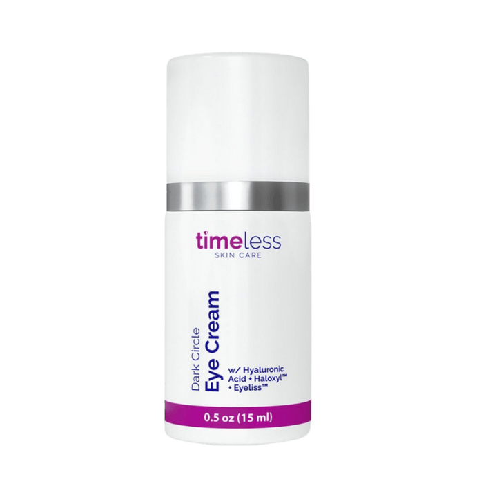 Timeless Skin Care Dark Circle Eye Cream 15ml, lightweight non-oily cream, hyaluronic acid, Haloxyl, Eyeliss, pink packaging.