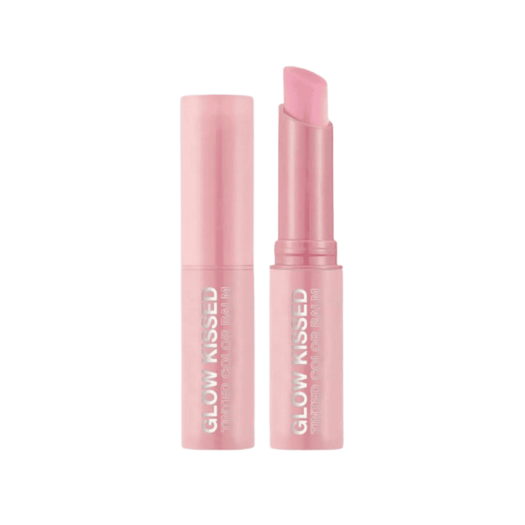 Glow Kissed tinted color balm in pink tube with matching cap and soft pink stick