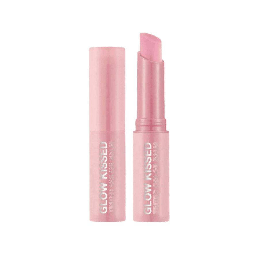 Glow Kissed tinted color balm in pink tube with matching cap and soft pink stick