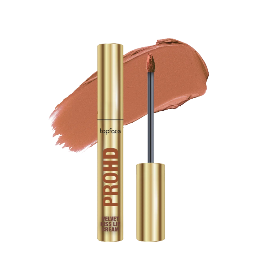 topface PROHD Velvet Kiss Lip Cream liquid lipstick nude brown shade with gold tube packaging