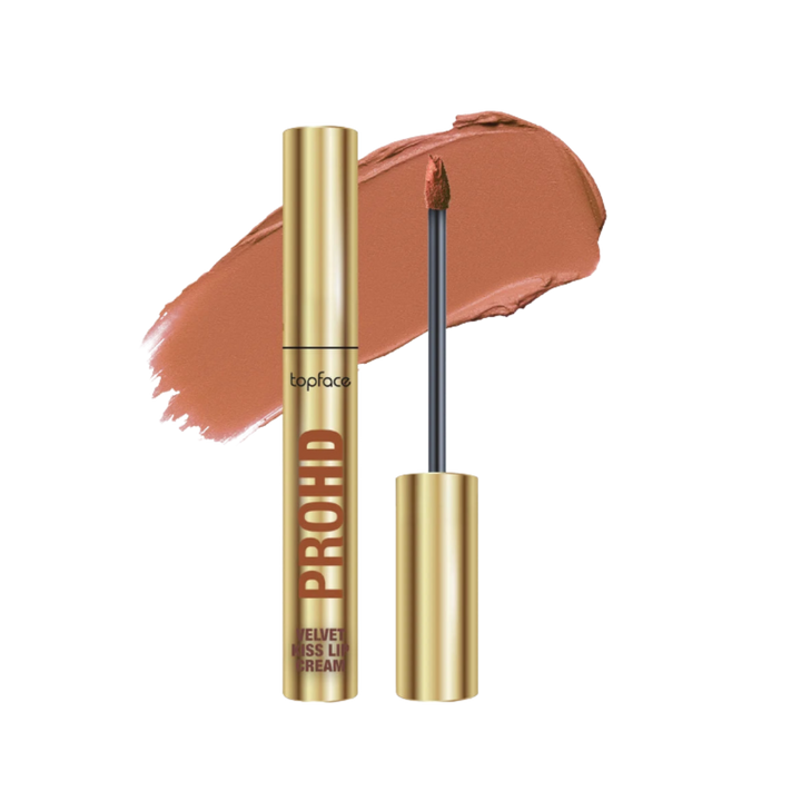 topface PROHD Velvet Kiss Lip Cream liquid lipstick nude brown shade with gold tube packaging