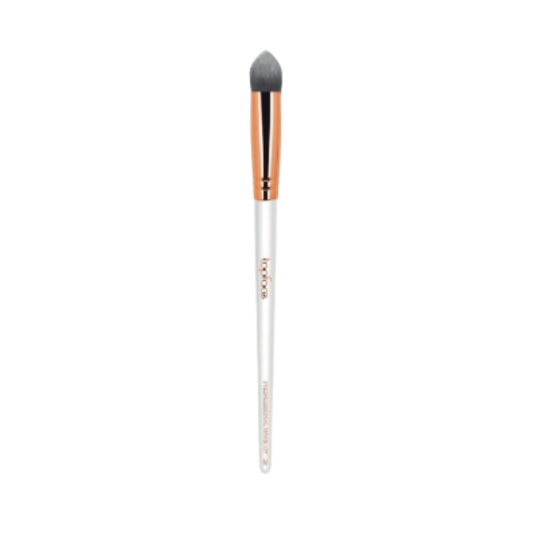 Topface Pro Eyeshadow Brush F28, white handle with rose gold ferrule, soft, rounded bristles for precise eyeshadow application.
