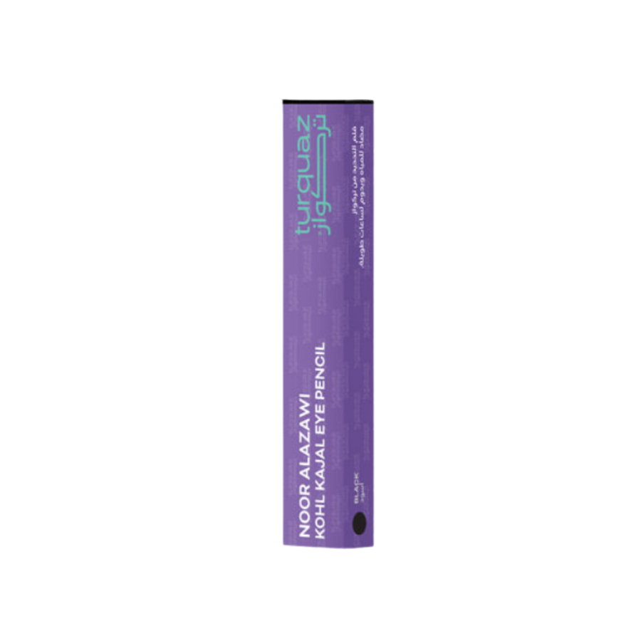 Noor Al Azawi Turquoise Kohl Kajal Eye Pencil box, black shade, purple packaging.