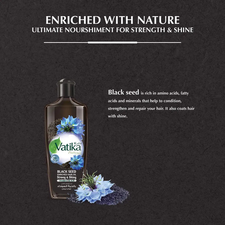 Vatika Black Seed Enriched Hair Oil Strong & Shiny - 200ml | فاتيكا زيت الشعر المغذي بالحبة السوداء لشعر قوي ولامع - 200 مل