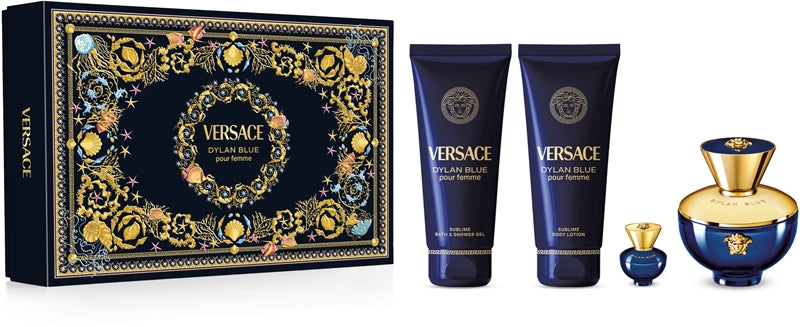 VERSACE Dylan Blue Set (EDP 100ml + EDP 5ml + BL 100ml + SG 100ml )| فيرساتشي سيت ديلان بلو او ديو بارفان للنساء - 100 مل + 5 مل + 100 مل + 100 مل