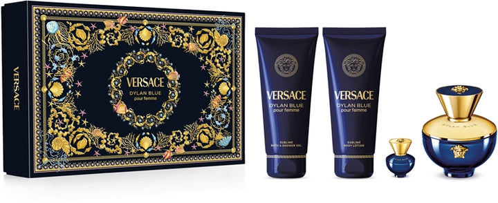VERSACE Dylan Blue Set (EDP 100ml + EDP 5ml + BL 100ml + SG 100ml )| فيرساتشي سيت ديلان بلو او ديو بارفان للنساء - 100 مل + 5 مل + 100 مل + 100 مل