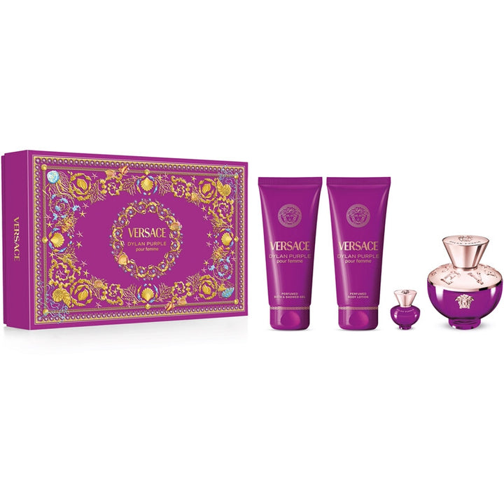 VERSACE Dylan Purple Set (EDP 100ml + EDP 5ml + BL 100ml + SG 100ml) | فيرساتشي سيت ديلان بيربل او ديو بارفان للنساء - 100 مل + 5 مل + 100 مل + 100 مل