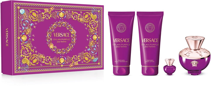VERSACE Dylan Purple Set (EDP 100ml + EDP 5ml + BL 100ml + SG 100ml) | فيرساتشي سيت ديلان بيربل او ديو بارفان للنساء - 100 مل + 5 مل + 100 مل + 100 مل