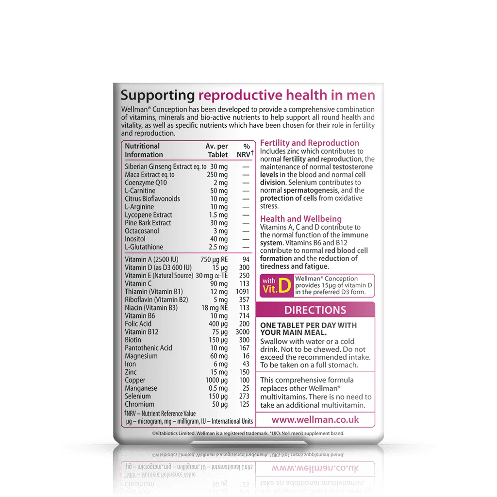 Vitabiotics Wellman Conception Reproduction & Fertility 30 Tablets | ويلمان كونسيبشن متمم غذائي يعزز الخصوبة عند الرجال - 30 مضغوطة