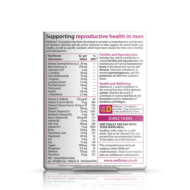 Vitabiotics Wellman Conception Reproduction & Fertility 30 Tablets | ويلمان كونسيبشن متمم غذائي يعزز الخصوبة عند الرجال - 30 مضغوطة