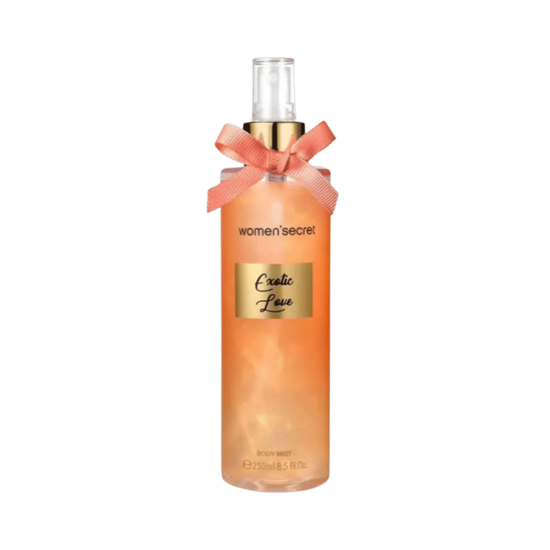 women’secret Exotic Love body mist 250ml orange bottle with gold label and coral bow.