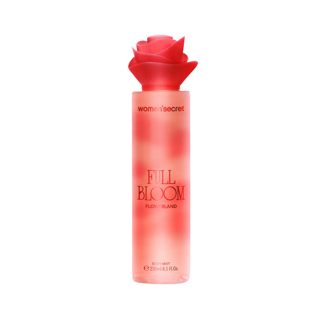 Women’secret Full Bloom Flowerland body mist, 250 ml, in coral-pink frosted bottle with red rose-shaped cap.
