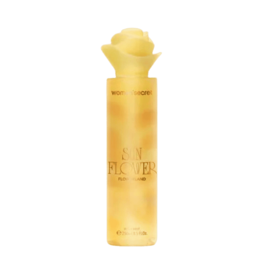 women’secret Sun Flower Floraland body mist 250ml yellow bottle with flower-shaped cap.