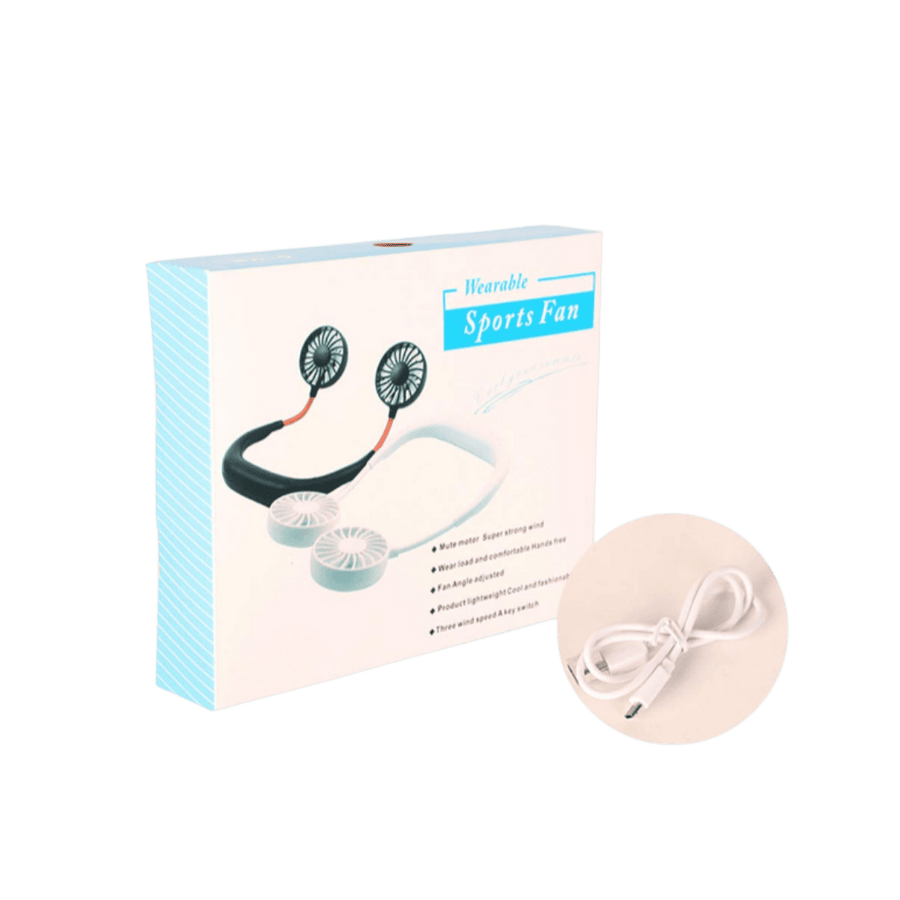 Wearable Sports Fan neck fan, dual-head portable fan with USB charging cable and retail box packaging.