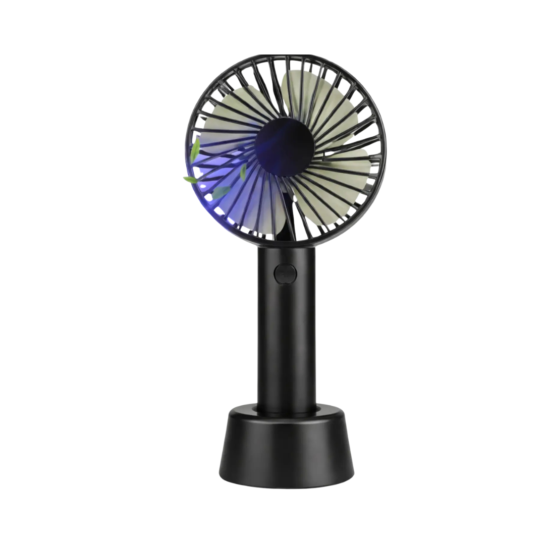 Eternal Classics rechargeable portable fan, black handheld body, circular grille, detachable round charging stand