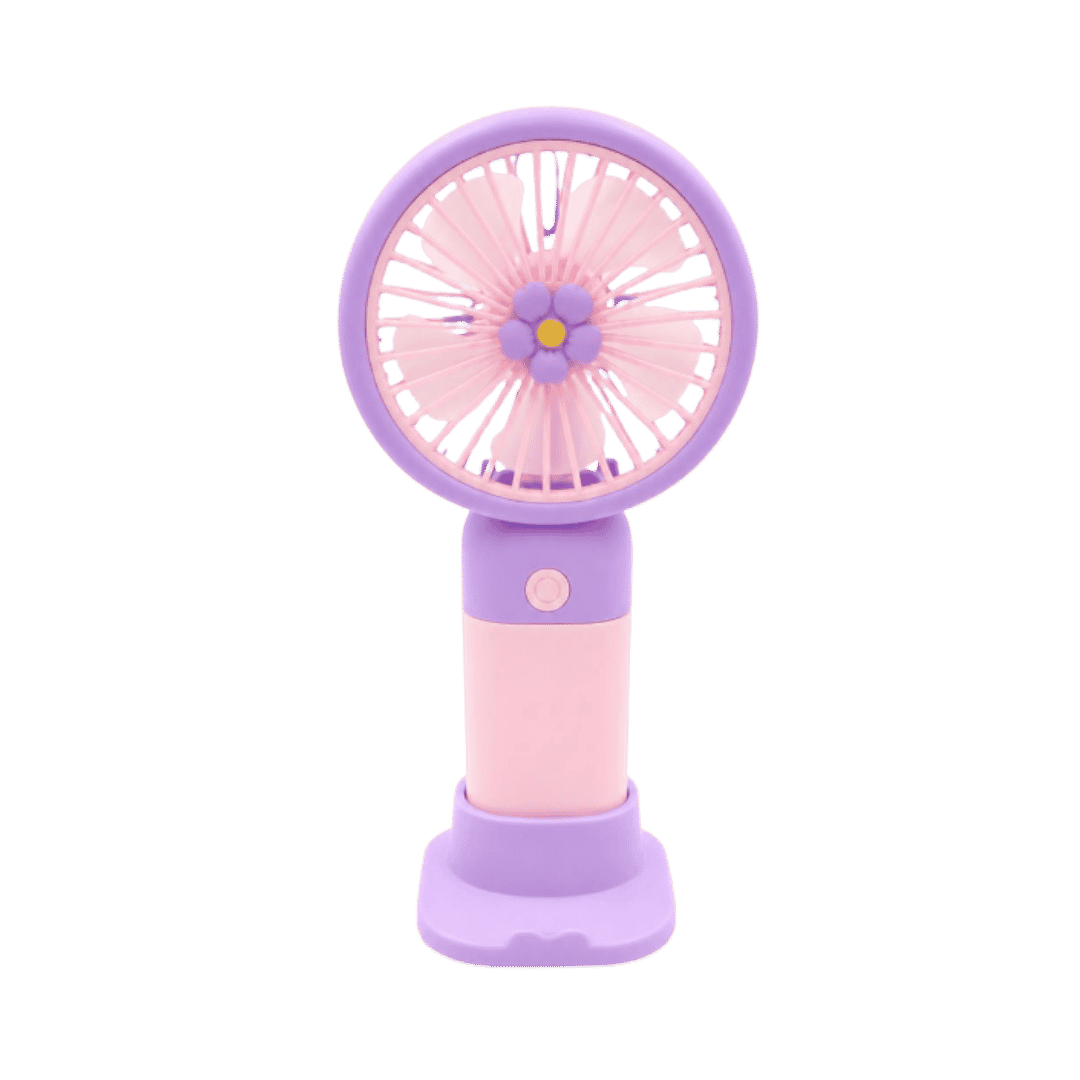 Wonder handheld fan with pink body, purple frame, flower-shaped center, button, and matching stand.