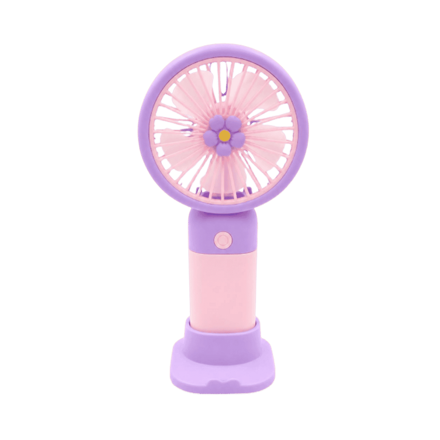 Wonder handheld fan with pink body, purple frame, flower-shaped center, button, and matching stand.