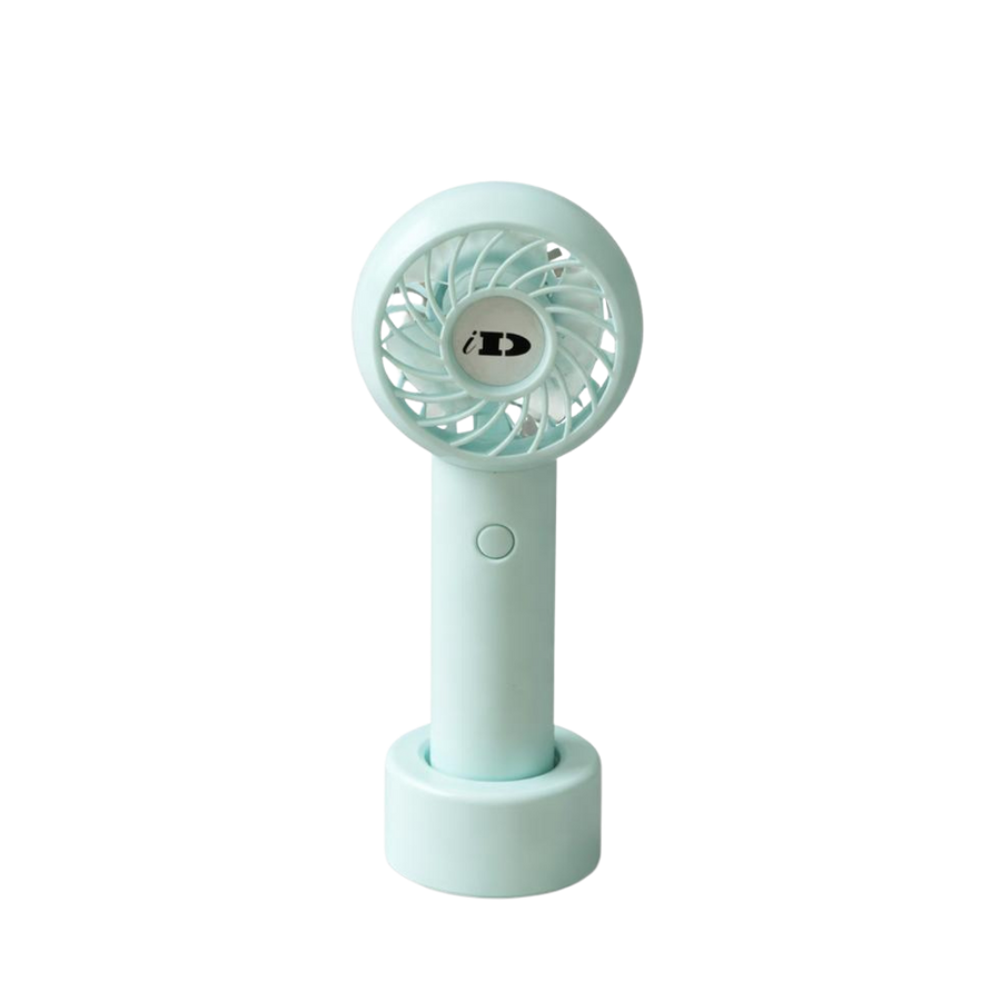 Wonder Fan mint green handheld fan with circular grille, front button, and matching desktop base