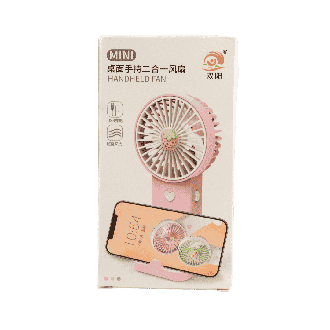 Handheld mini fan in pink plastic, USB rechargeable, suitable for neck or desktop use, portable and compact.