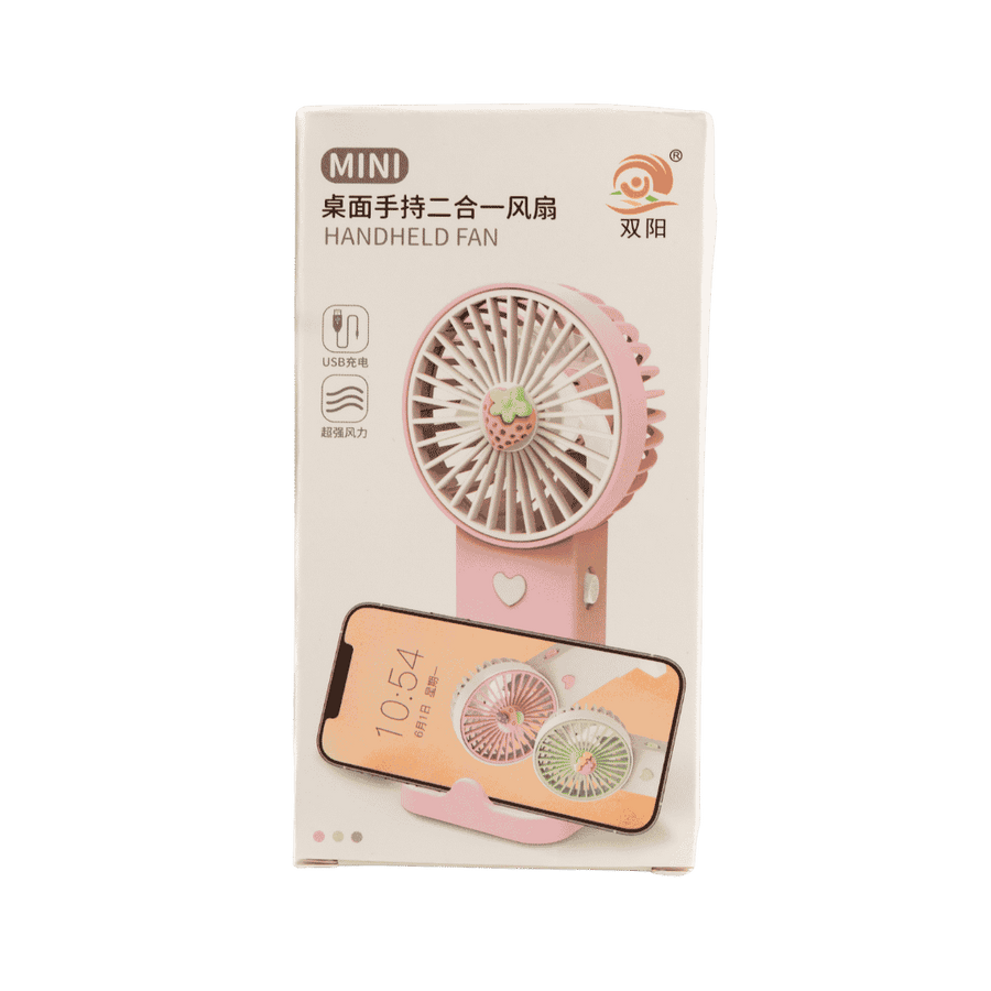 Handheld mini fan in pink plastic, USB rechargeable, suitable for neck or desktop use, portable and compact.