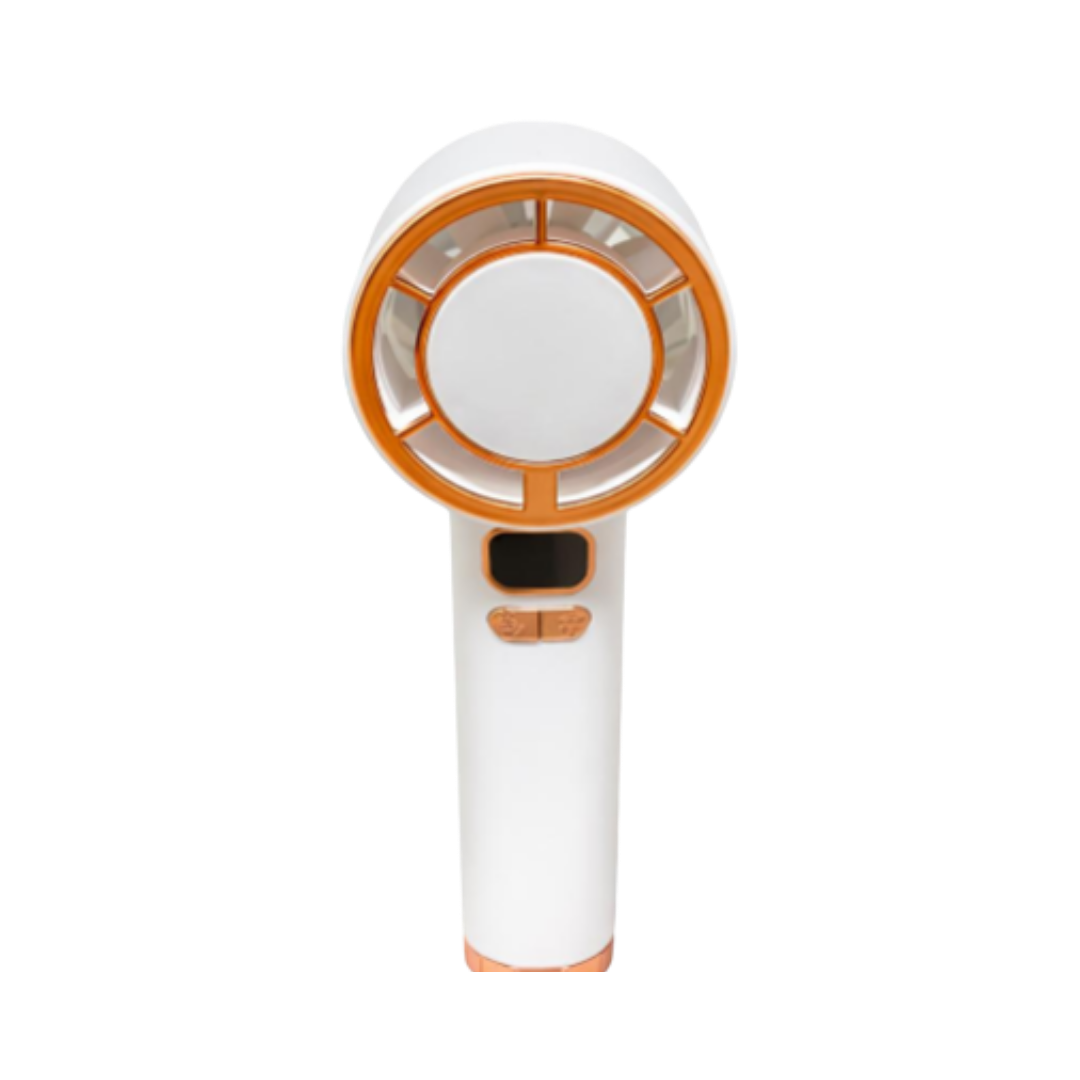 White handheld bladeless fan with circular head, orange accents, built-in digital display and control buttons.