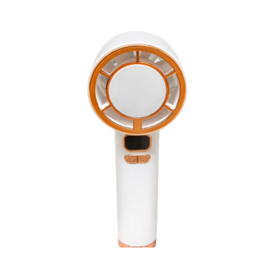 White handheld bladeless fan with circular head, orange accents, built-in digital display and control buttons.