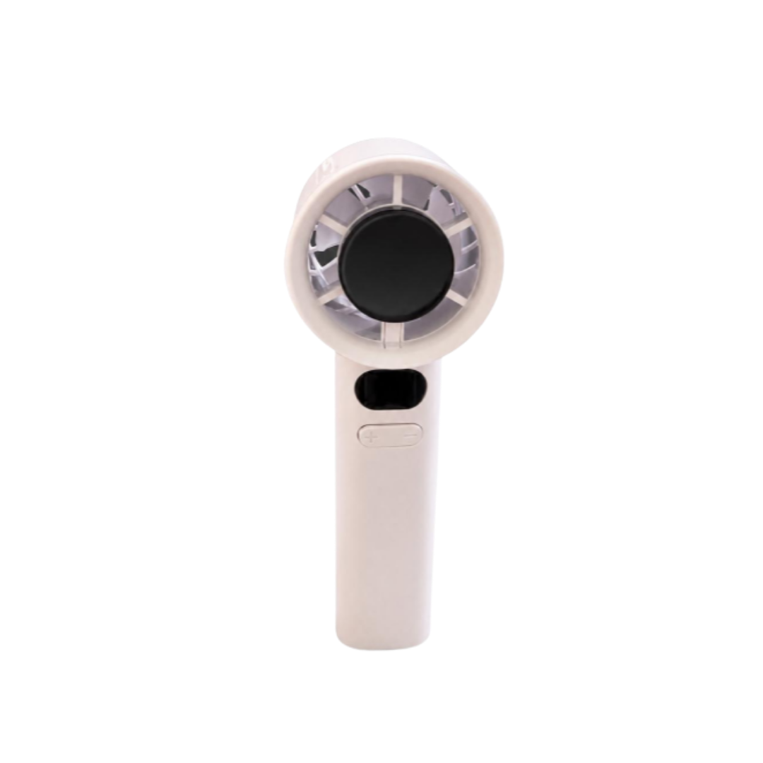 Compact handheld electric fan in pale pink with circular front grille, digital display, and control buttons.