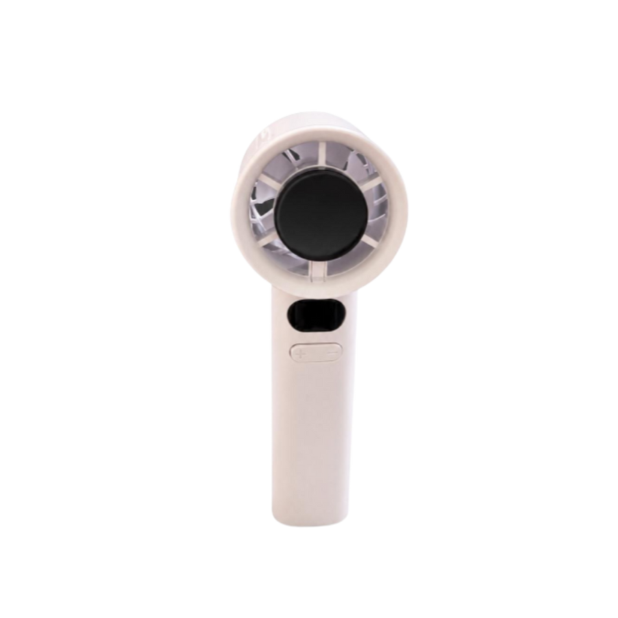Compact handheld electric fan in pale pink with circular front grille, digital display, and control buttons.