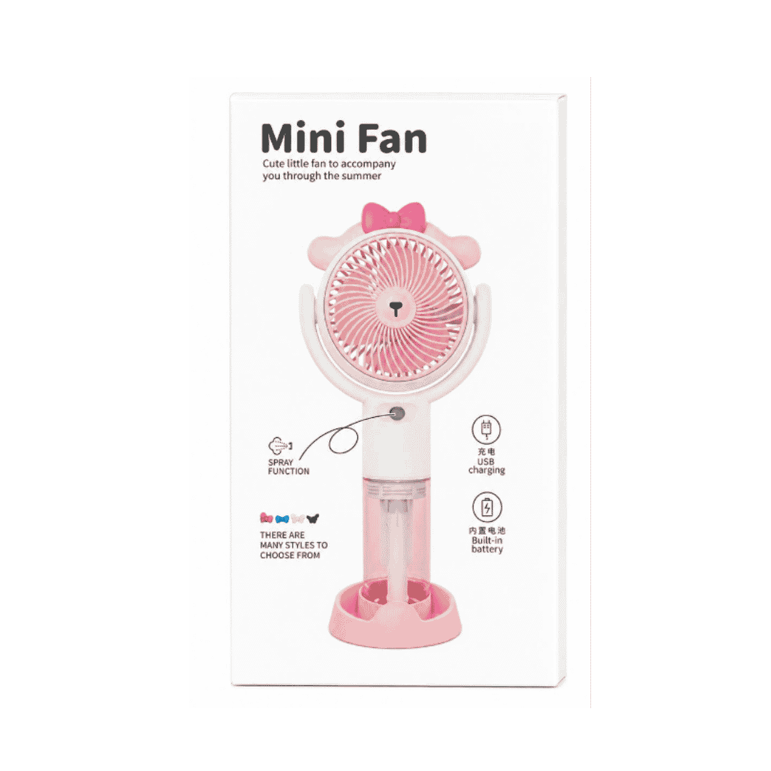 Mini Fan portable pink bear design with spray function, USB charging, built-in battery, and stand.