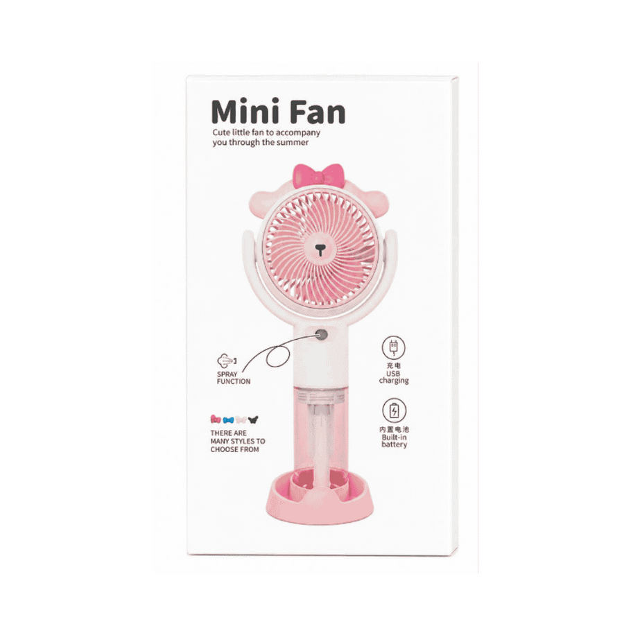 Mini Fan portable pink bear design with spray function, USB charging, built-in battery, and stand.