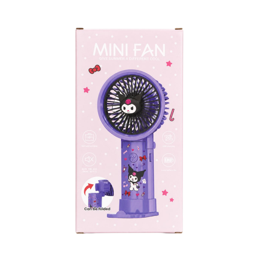 Wonder Fan purple mini fan on pink box, foldable design, USB charging and cartoon graphic
