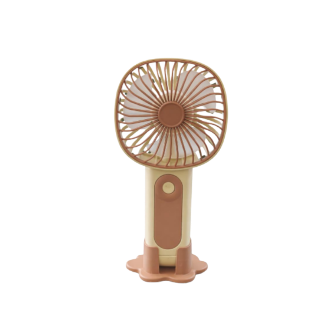 Portable handheld mini fan with stand, beige and brown design, USB rechargeable cooling fan.