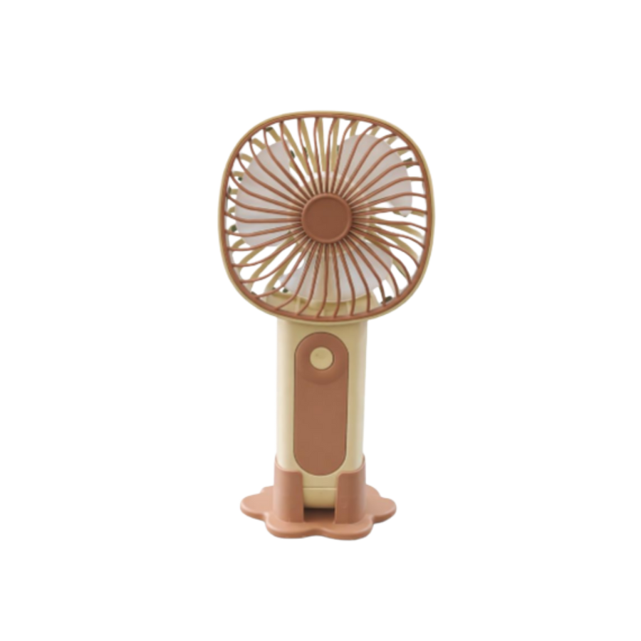 Portable handheld mini fan with stand, beige and brown design, USB rechargeable cooling fan.