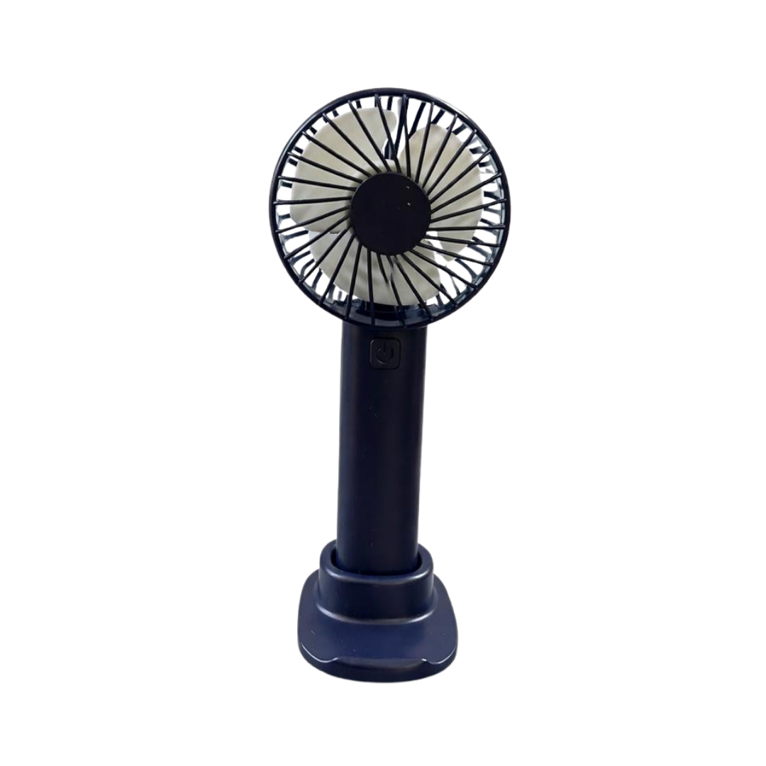 Black handheld mini fan with circular grille, white blades, push button, and detachable base stand