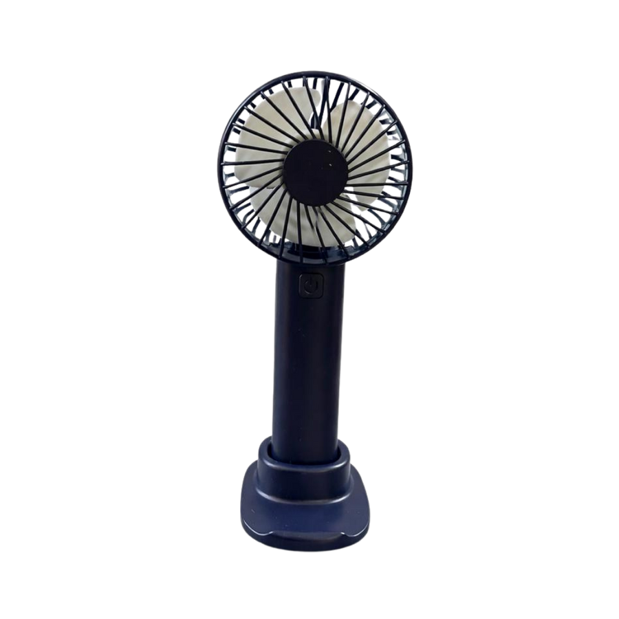 Black handheld mini fan with circular grille, white blades, push button, and detachable base stand